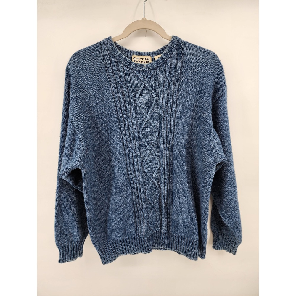 Vintage Cotton Traders Blue Cable Knit Crewneck Sweater Size M Fisherman